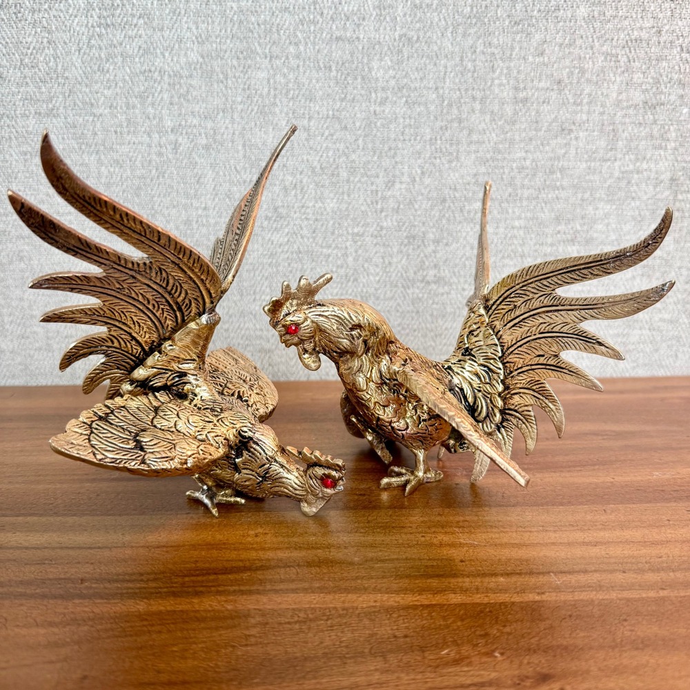 Vintage Brass Fighting Rooster Figurines Set of 2 Red Eyes‎ Mid Century Modern